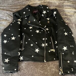 Vigoss Black and White Star Faux Leather Motorcycle Jacket L